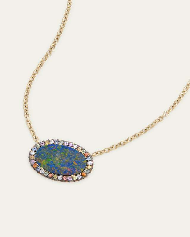 18K Yellow Gold Opal Necklace with Blackened Multicolor Sapphires and Diamonds